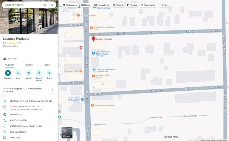 A map showing the location of Lovebee Products