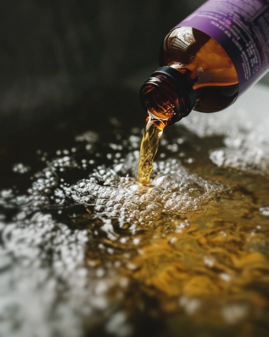 Lavender Bath Oil open and being poured