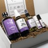 A lavender gift box with five products
