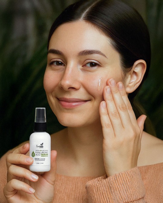 A young woman applies Lovebee's natural Hyaluronic Acid Serum to her face