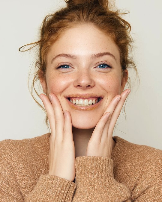 A woman wears and shows a natural lip scrub