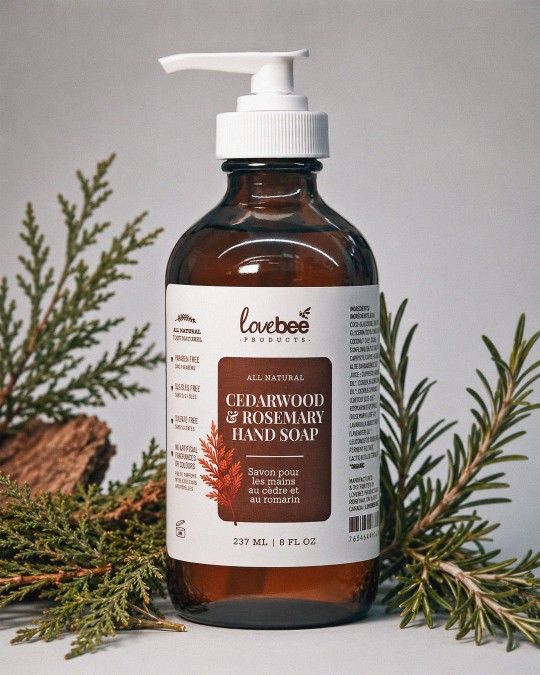 An amber glass bottle with white pump of Cedarwood and Rosemary liquid hand soap